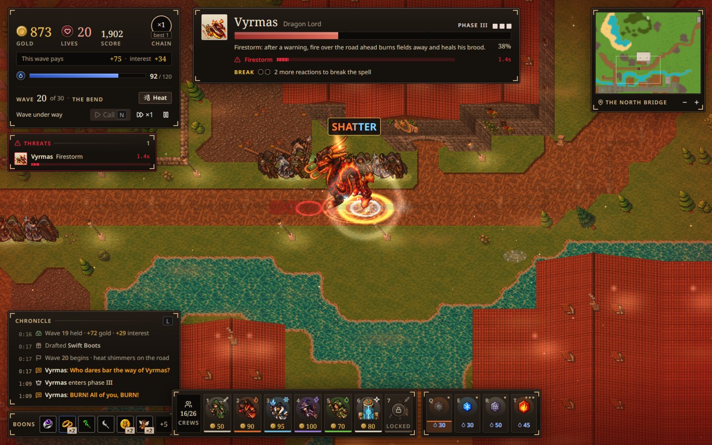 Golden afternoon at the bend: Vyrmas in his firestorm, the spell telegraphed in crimson.