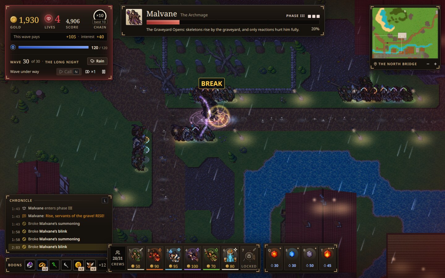 Night: Malvane opens the graveyard and the dead rise while fields light the road.