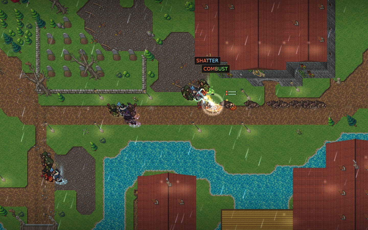 The farm road in rain, towers firing into a column of enemies.