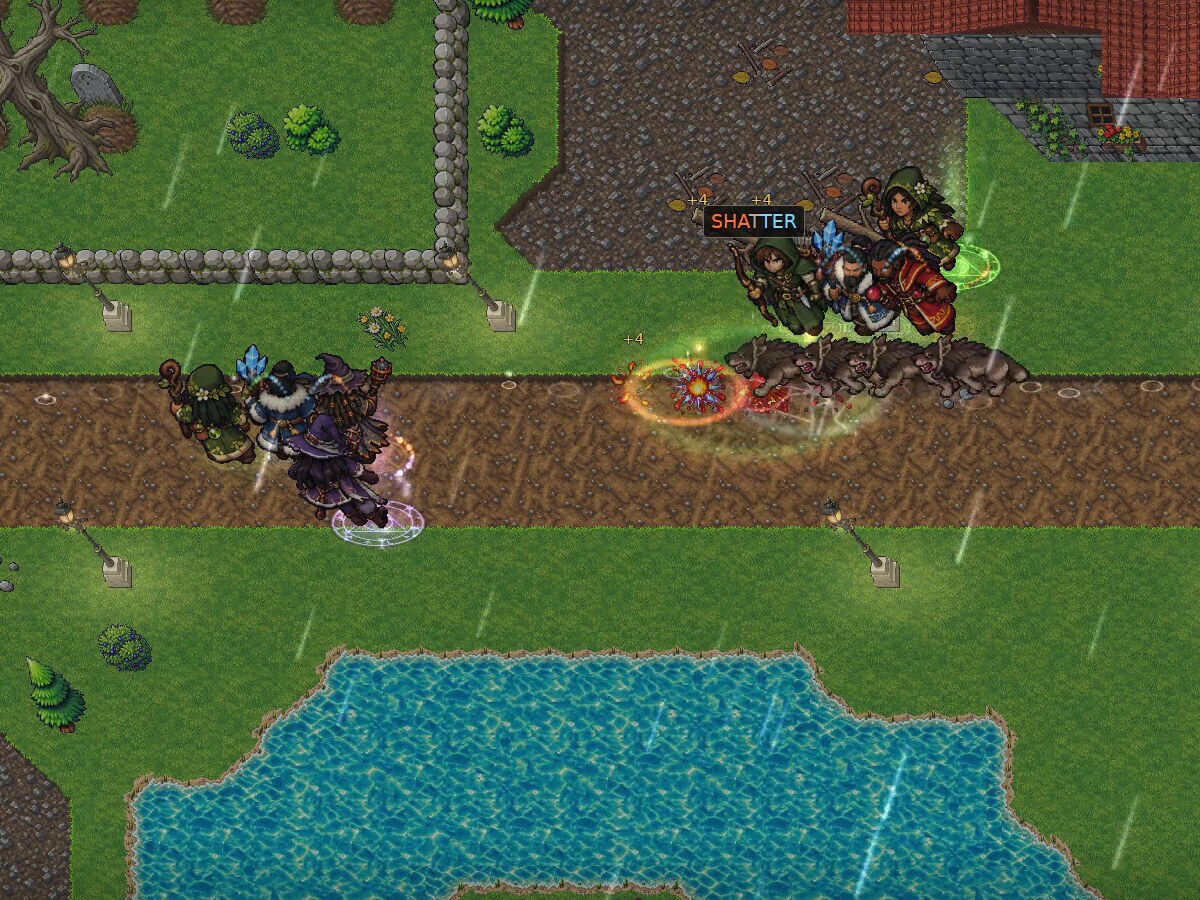 Orcs on the farm road in the rain, a reaction flaring on the column.